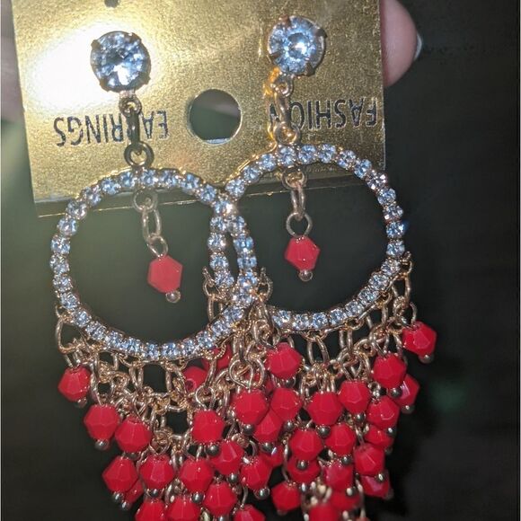 Red unique beaded earrings clear stones - Picture 4 of 5